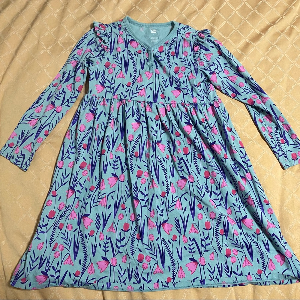 Girls' Floral Long Sleeve Dress - Blue and Pink
